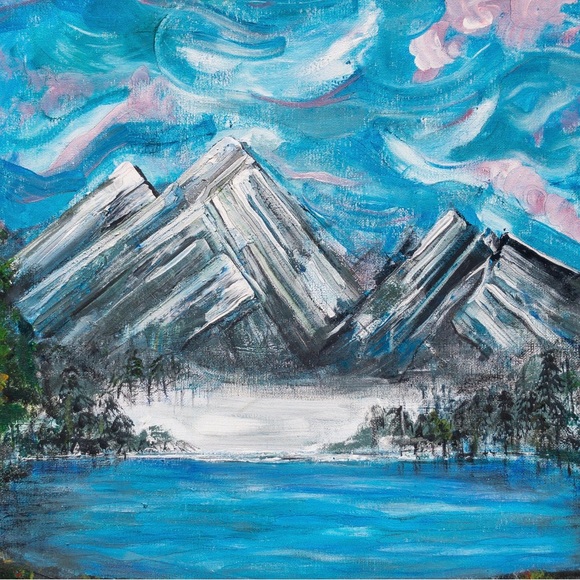 Winter wonderland, mountains with ice and trees, nature, original small painting - Picture 3 of 7